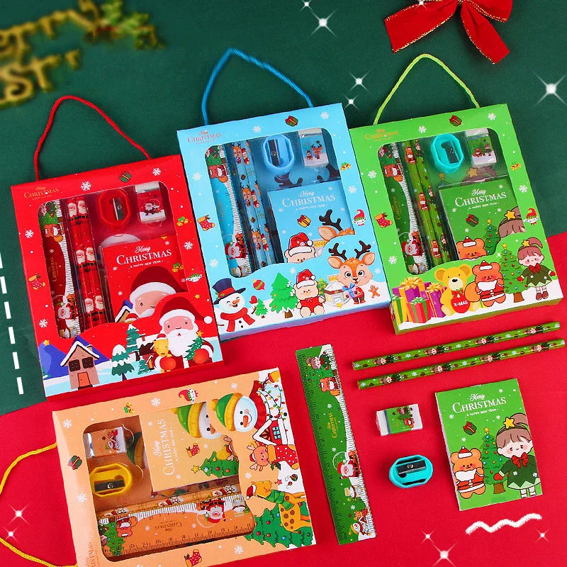 6Pcs/Set Christmas Series Stationery Including 2 Pencils 1 Erasers 1 Pencil Sharpeners 1 Sticky Notes 1 Rulers School Supplies