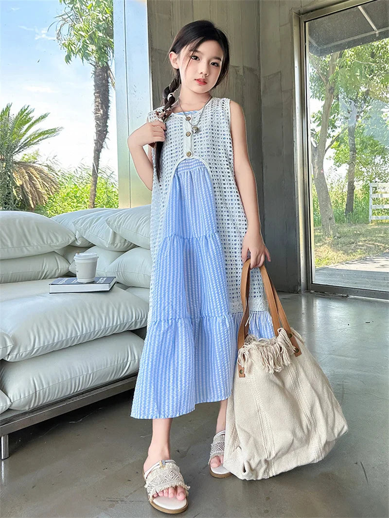 5-14Years Old Girls Dress Children Summer Sweet Beach Holiday Gown Kids Dresses Teenager Sleeveless Clothing Sets