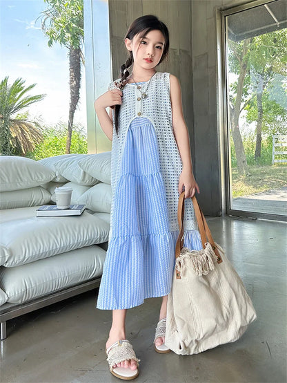 5-14Years Old Girls Dress Children Summer Sweet Beach Holiday Gown Kids Dresses Teenager Sleeveless Clothing Sets