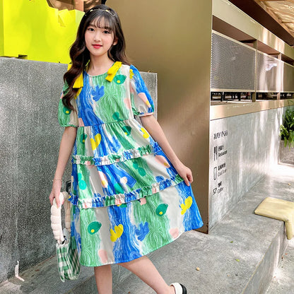 Summer Dress Girl Korean Style Sweet Floral Print Casual Kids Ruched Dresses Toddler Girls Clothes 4 5 6 7 8 9 10 12 14 Year Old