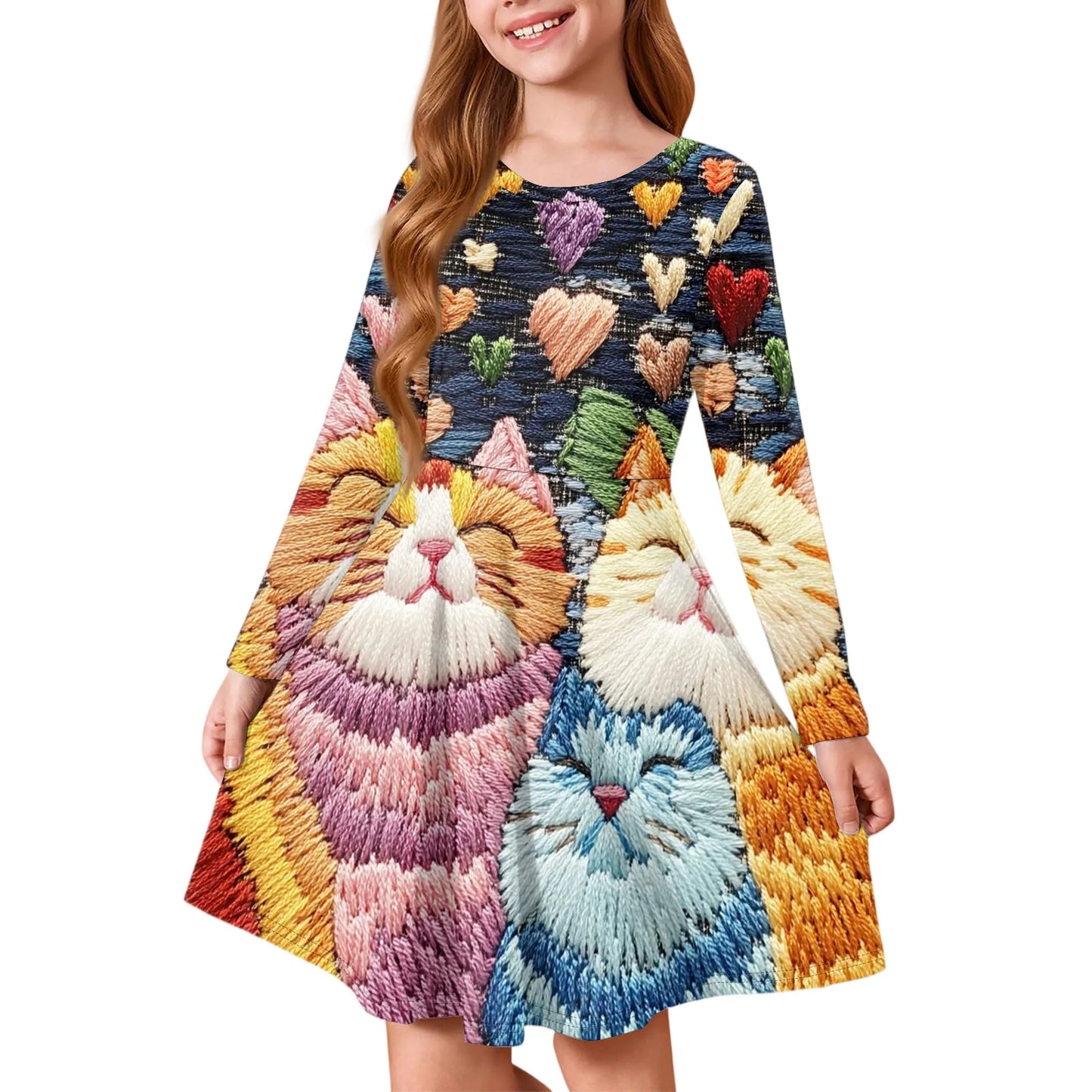 Girl Spring Summer Cozy Dress Exquisite Colorful Pattern Printed Comfortable Dress Girl Daily Casual Long Sleeve A Line Dress