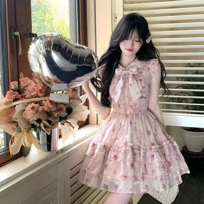 New Coquette Floral Mini Dress Women Sweet Bow Ruffle Tiered Dress Y2K Fairycore Aesthetic Sleeveless Lace Trim Party Chic Dress