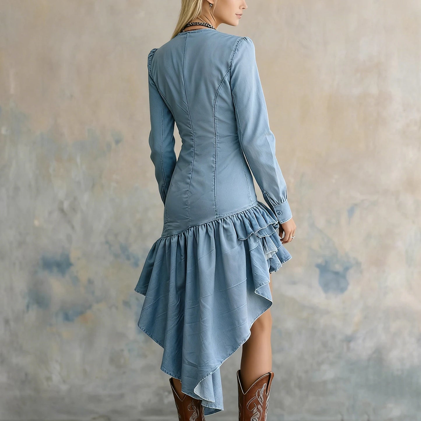 Retro Western Countryside Style Dress Ruffle Lace Collar Irregular Hem Dress Winter Women'S Fashionable Dress