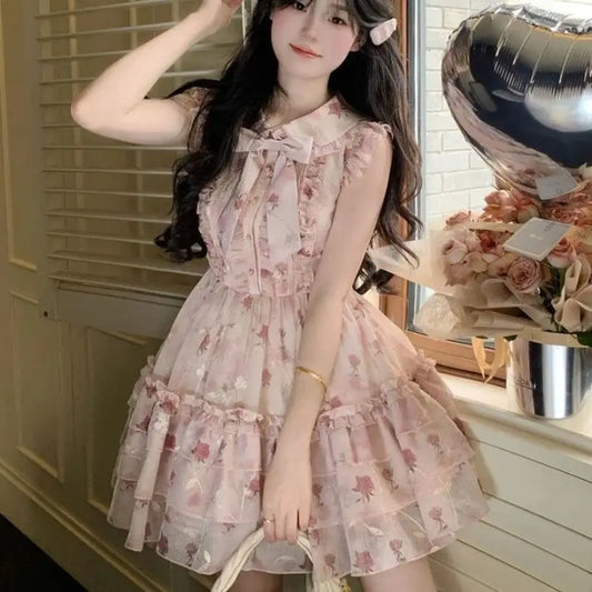 New Coquette Floral Mini Dress Women Sweet Bow Ruffle Tiered Dress Y2K Fairycore Aesthetic Sleeveless Lace Trim Party Chic Dress