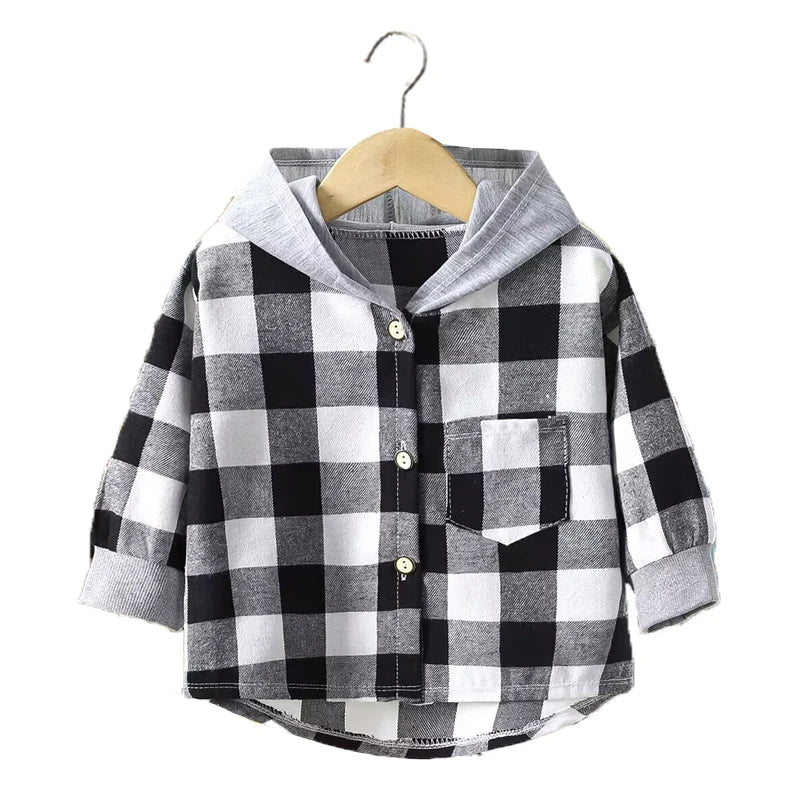 Spring and Autumn Children's Coat Plaid Boy Shirt Hooded Plaid Shirt 2-12 Year Old Girl Long Sleeved Coat Baby Clothes