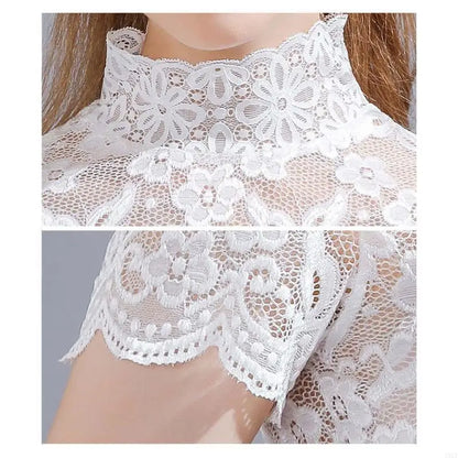 T5UF Women Turtleneck Detachable Collar Elegant Floral Lace Short Sleeve Half Blouse Shirt Pullover Lining Dickey Crop Top