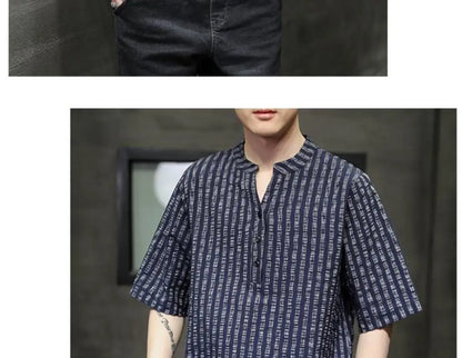 Men's Light Blue Denim Shirt Oversized Short Sleeve Button-Down Casual Top(Available)