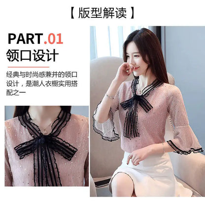 Chiffon Base Shirt with Mid Sleeves Versatile New Spring Sweet and Fashionable Korean Women's Top