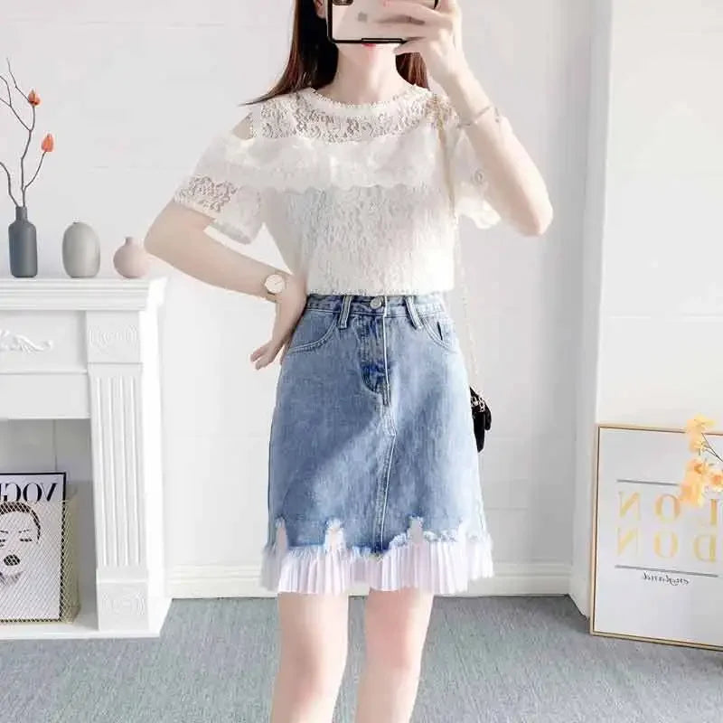 Short 2 Pieces Sets for Women Commuting Skirt White Mature Denim Sleeve Woman Outfit Blue Mini Kawaii Summer Fashion 2025 Full