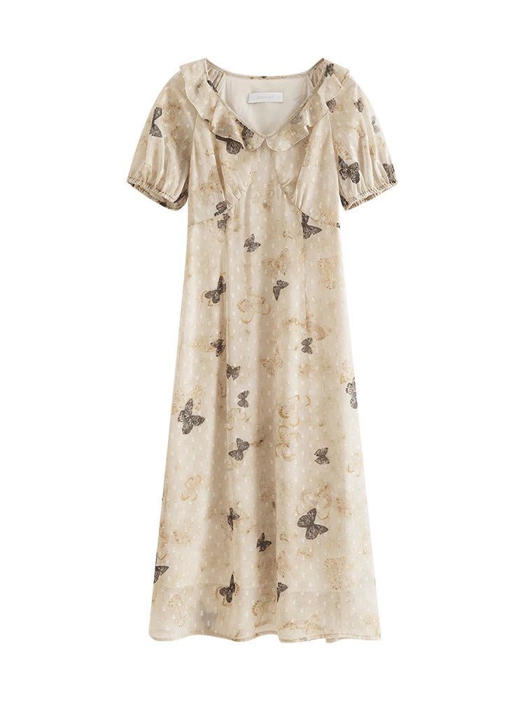 ZIQIAO Chiffon Summer Long Dress Sleeveless Bow Print Female A-LINE Dress Short Sleeve Polyester Dress24ZQ92353+24ZQ92319