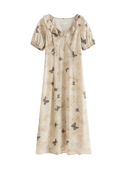 ZIQIAO Chiffon Summer Long Dress Sleeveless Bow Print Female A-LINE Dress Short Sleeve Polyester Dress24ZQ92353+24ZQ92319
