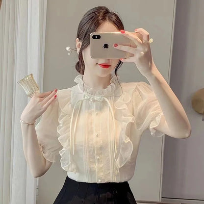 New Chinese Button French Ruffled Lace Gentle Chiffon Shirt 2025 Summer Fashion Temperament New Design Small Shirt Stylish Top