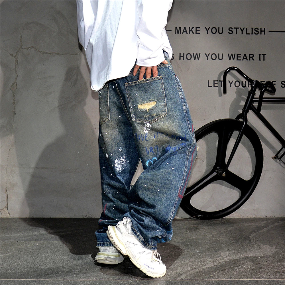 High End Men'S Clothing Hip Hop Graffiti Baggy Jeans For Men Streetwear Skateboard Ripped Jeans Korean Trendy Denim Trousers  ( Available )