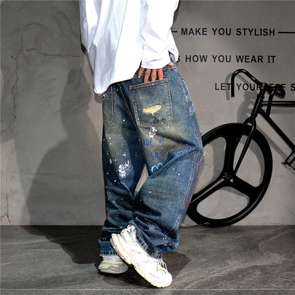 High End Men'S Clothing Hip Hop Graffiti Baggy Jeans For Men Streetwear Skateboard Ripped Jeans Korean Trendy Denim Trousers  ( Available )