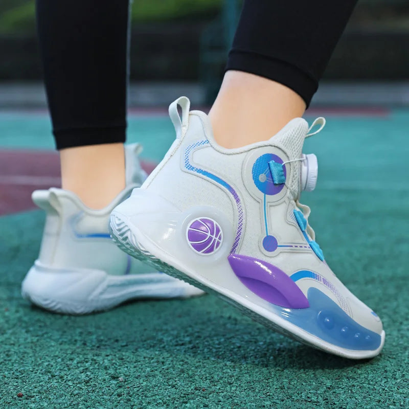 Children Basketball Shoes Boys Sports Comfortable Non Slip Flat Fitness Shoes  New Rotating Button Sports Sneakers for Kids