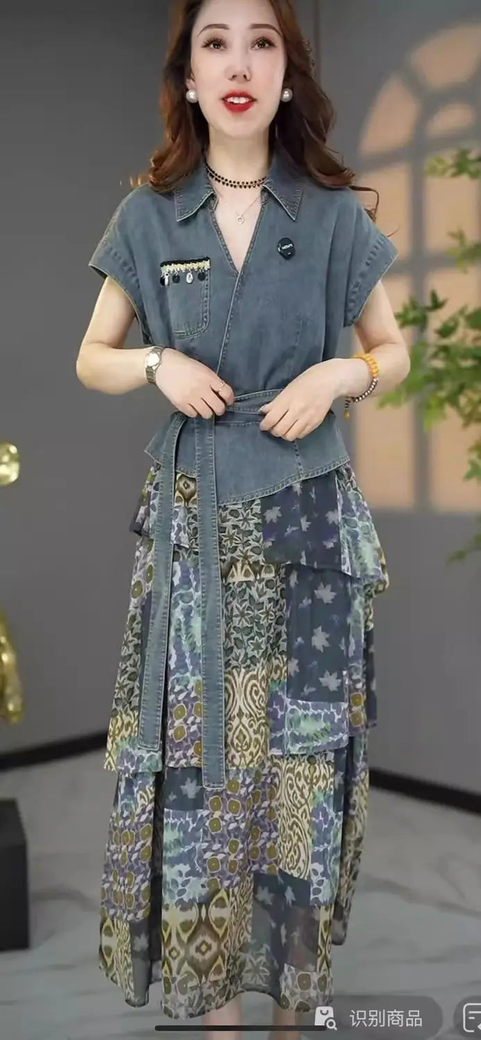 Women's Summer Dress Fake Two Piece Cowboy New Vintage Simple Loose Casual Design Fashion Advanced Soft Niche Versatile Skinny