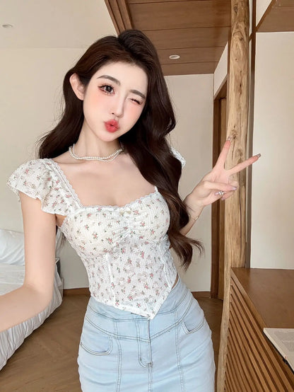 Summer New Pure Desire Sweet Floral Print off oulder Crop Top Slimming  with Chest Pad Versatile Women's Vest
