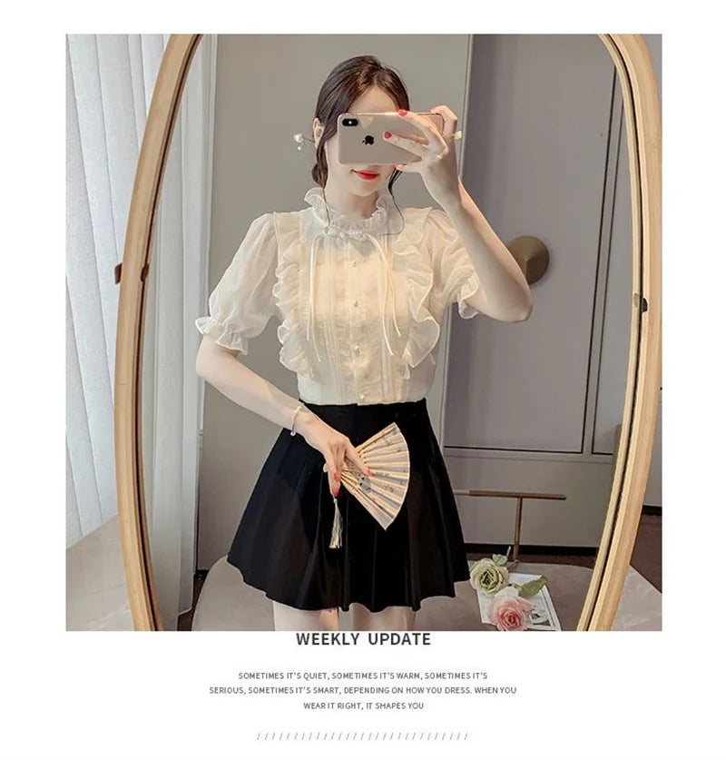 New Chinese Button French Ruffled Lace Gentle Chiffon Shirt 2025 Summer Fashion Temperament New Design Small Shirt Stylish Top