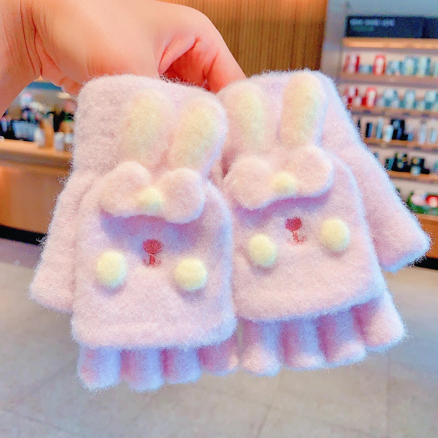 Winter Plush Knitted Cartoon Rabbit Flexible Flip-top Gloves Thicken Warm Cute Gloves For Baby Girls Half Finger Children Gloves