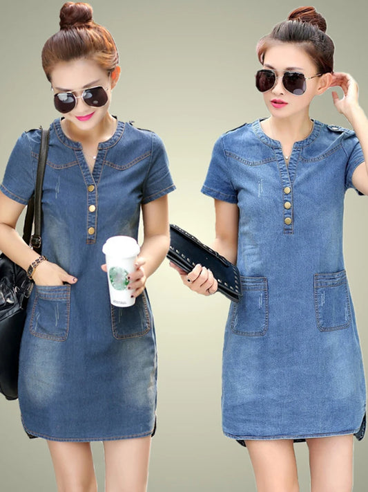 Summer Fashion Women Denim Dresses Casual Short Sleeves V-neck Mini Dresses Elegant Solid Office Ladies Dresses Robe