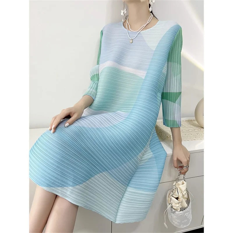 Womens Dresses Evening Dresses New Beautiful Printed Pleated Dress Summer age Plus size Fashion Loose Mid-year Long Female Skirt