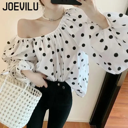 JOEVILU Polka Dot Shirt Off Shoulder Bubble Sleeve Tops Women's White Loose Simple Top French Casual Blouse In Spring and Summer