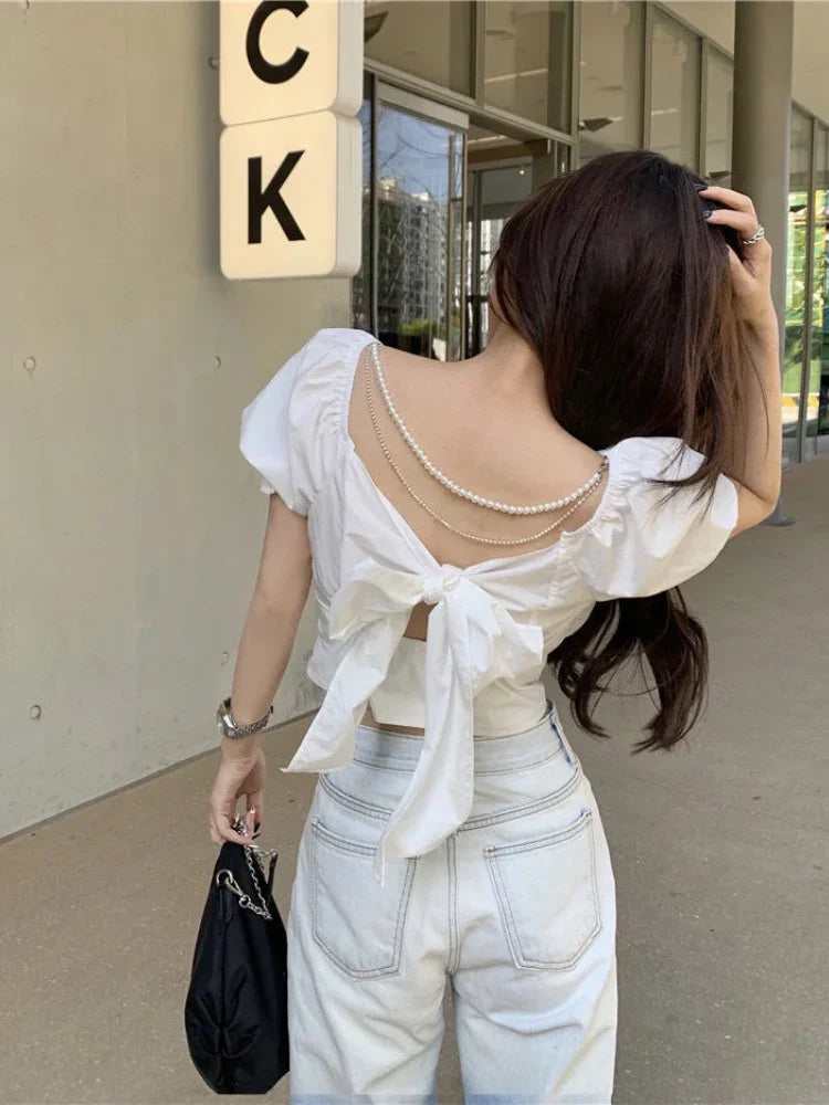 2025 Fashion New Pearl Chain Shirt Women Summer French Bow Backless White Blouse Sweet Puff Sleeve Crop Top Female