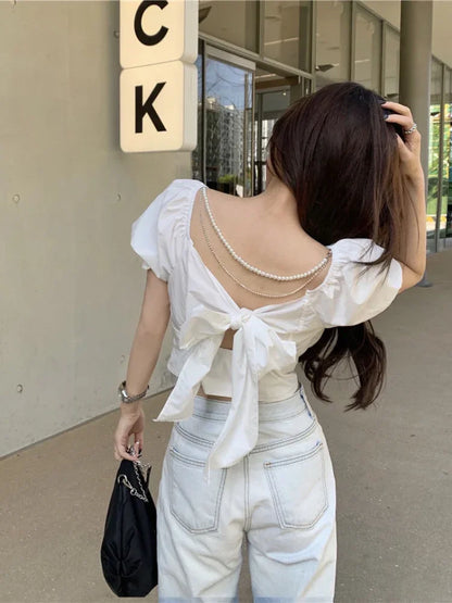 2025 Fashion New Pearl Chain Shirt Women Summer French Bow Backless White Blouse Sweet Puff Sleeve Crop Top Female