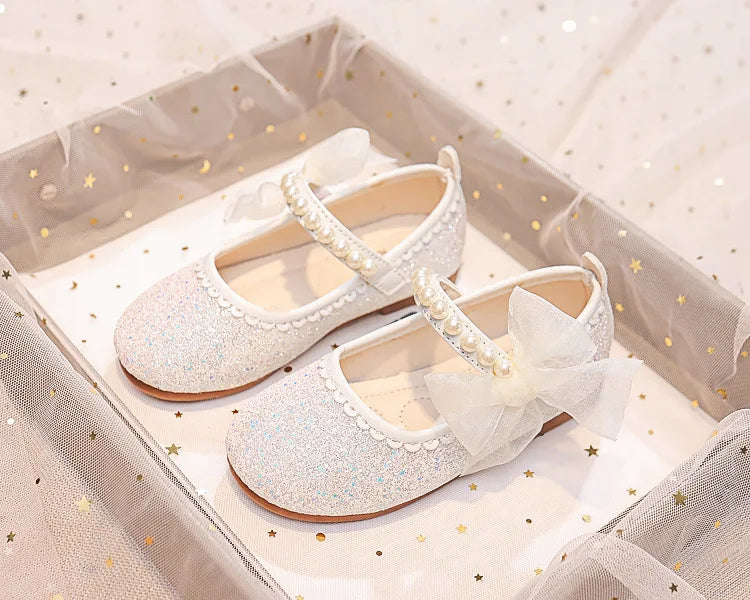 Girls Oxfords Bling Shoes Spring Autumn Kids School Dancing Shoes Pearl Beadings Big Girls Soft PU Leather Shoes Pink, Beige