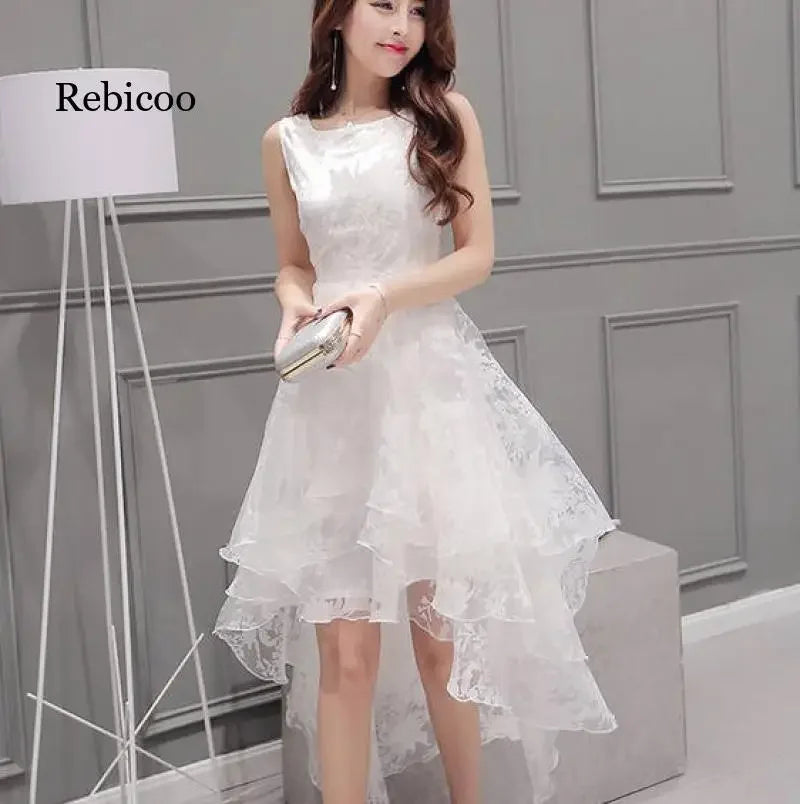 Summer High Low Retro Dress Vintage Women Sleeveless Front Back Short Long Organza Lace Dress Ladies Elegant Party Dress (Available)