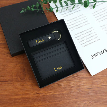 Customized name 1 set of pure color PU leather universal ultra-thin credit card wallet and PU leather keychain gift box set