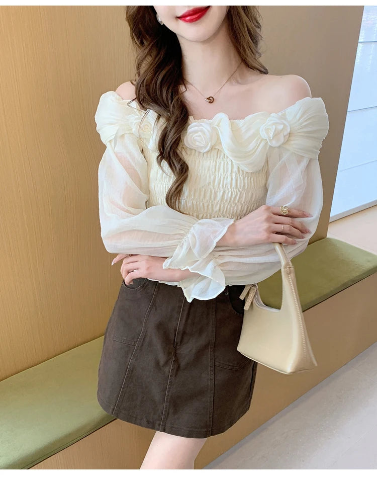 Sweet oulder One-oulder 3D Flower Bell Sve Women's irt Spring New Sle Waist Cinching Beautiful Top Ci Walk ort...