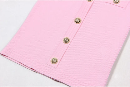 2025 Spring/Summer New Fashion Knitted Elastic Short Sleeve Solid Color Gold Button Slimming Style Commuter Women's Dress