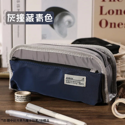 Outdoor Style Pencil Bag Pen Case Hitting Color Canvas 3 Layer Pocket Storage Pouch for Stationery School