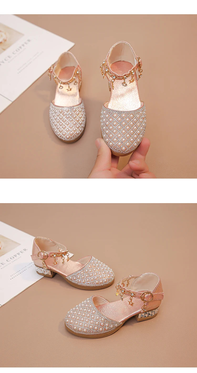Girls High Heeled Shoes for Wedding Party Glitter Rhinestone Pendants Shiny Glitter Fashion Princess Kids Leather Dress Shoes