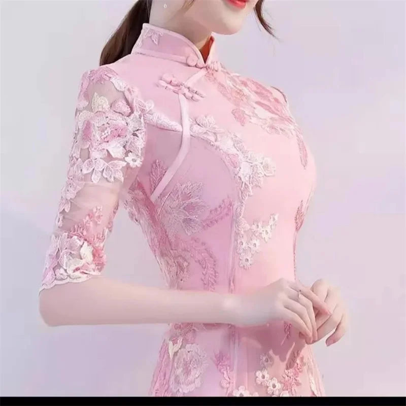Spring Autumn Female Cheongsam Style Long Dresses Women Half Sleeve Lmproved Maxi Dress 2025 Ladies Fashion Solid Color Vestidos