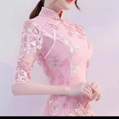 Spring Autumn Female Cheongsam Style Long Dresses Women Half Sleeve Lmproved Maxi Dress 2025 Ladies Fashion Solid Color Vestidos