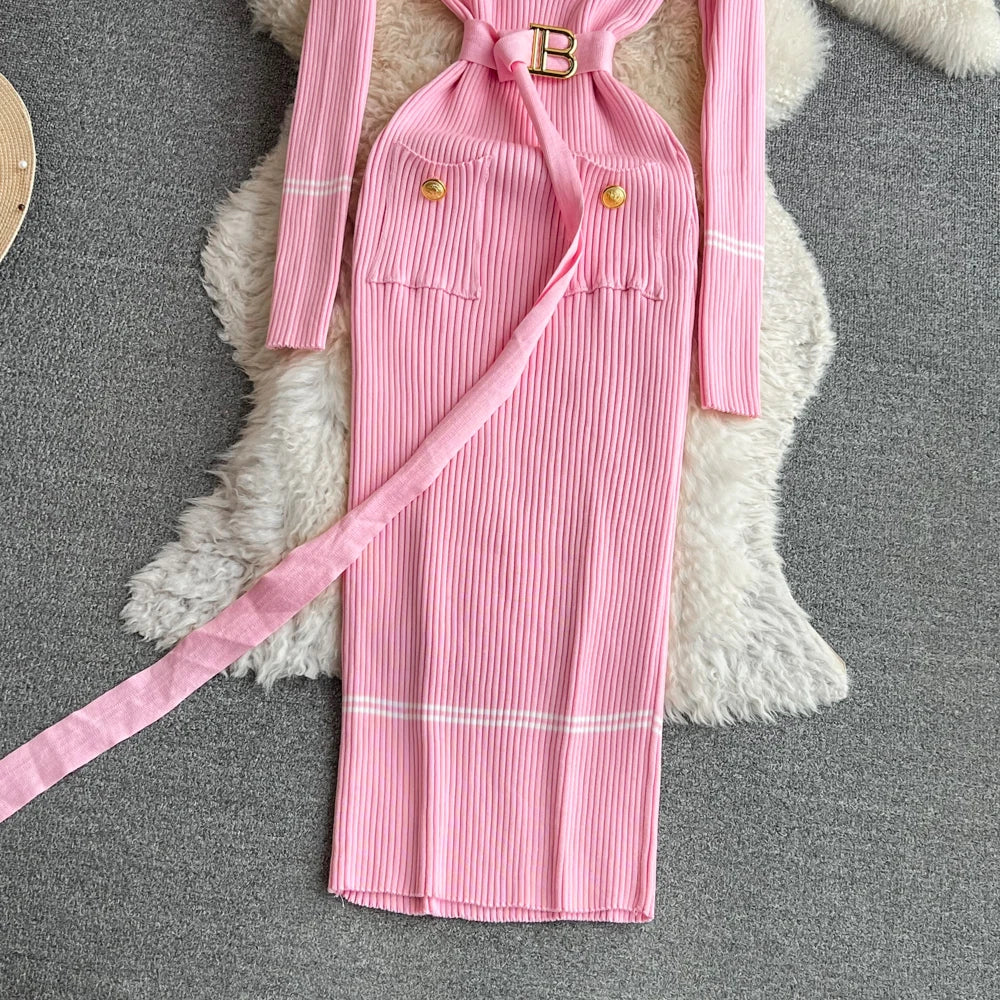 Women Dress 2025 Autumn Winter Elegant Rib Knit Long Pencil Dress with Belt Office Lady Bodycon Sweater Dress Vestidos