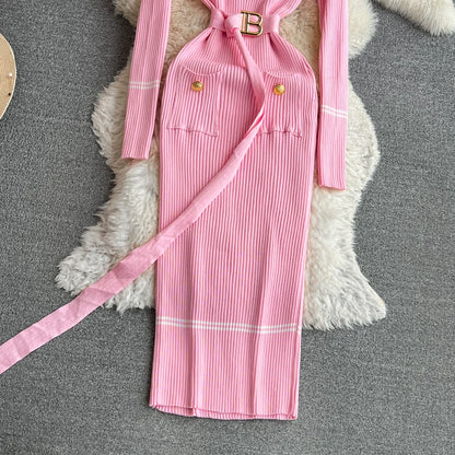 Women Dress 2025 Autumn Winter Elegant Rib Knit Long Pencil Dress with Belt Office Lady Bodycon Sweater Dress Vestidos