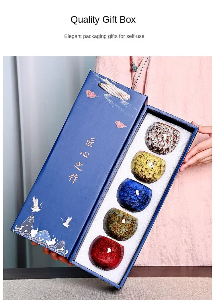 Gift Box & Five Elements Gift Box Kiln Change China Ceramic Tea Cup Porcelain Kung Fu Cups Set Pottery Coffee Mug Tableware Cup