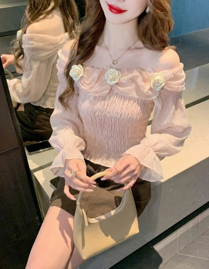 Sweet oulder One-oulder 3D Flower Bell Sve Women's irt Spring New Sle Waist Cinching Beautiful Top Ci Walk ort...