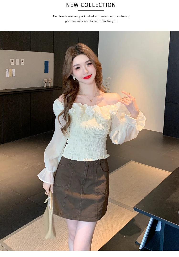 Sweet oulder One-oulder 3D Flower Bell Sve Women's irt Spring New Sle Waist Cinching Beautiful Top Ci Walk ort...