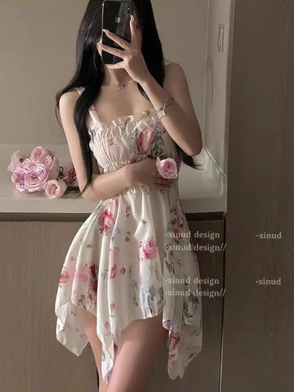 Hotsweet Style Flower Dress Chiffon Strap Temptation Sexy Elastic Waist Irregular Temperament Sweet Girl Perspective Dresses FJ8