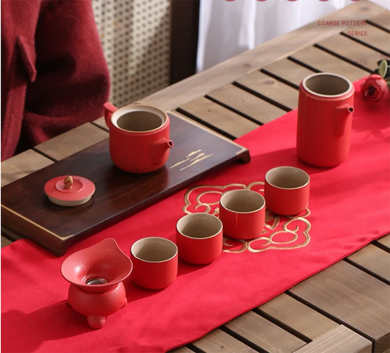 Traditional Chinese Tea Set, Porcelain Teapot, Stainless Steel, Tea Strainer, Cup, Bride and Groom Gifts, Traditional Red, Wed