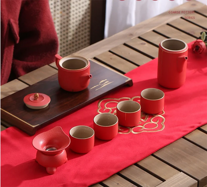 Traditional Chinese Tea Set, Porcelain Teapot, Stainless Steel, Tea Strainer, Cup, Bride and Groom Gifts, Traditional Red, Wed