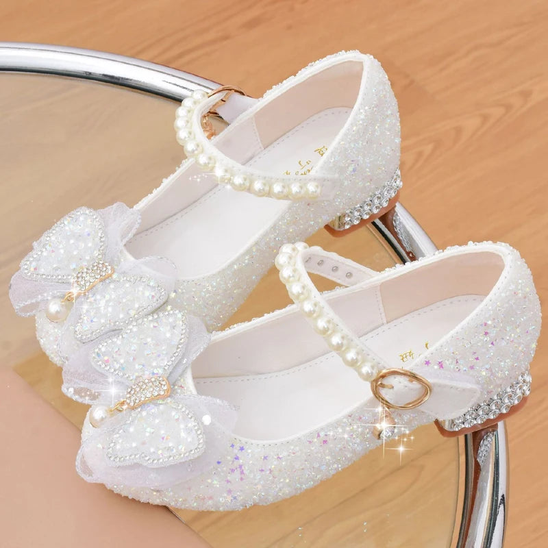 Glitter Girls' Dress Shoe with Wedding Ceremony Party White Sequin Shoes Heeled Children Bow High Heels Girls Shoes Princess New