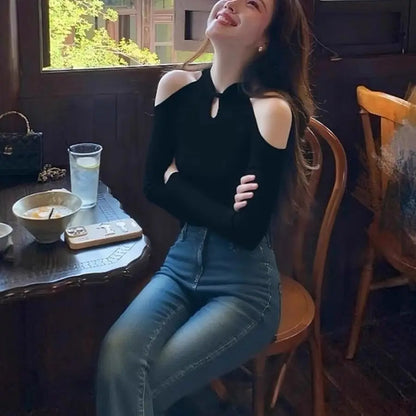 Korean Sle Bla Button-Up oulder Sweater Women's Slim Fit Base irt Top Breathable Polyester Fiber Long Sve round Ne