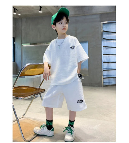 New Teenager Casual Outfits Children Trends Clothes Suits Kids Short Sleeves Tops+Baggy Pants 2Pcs