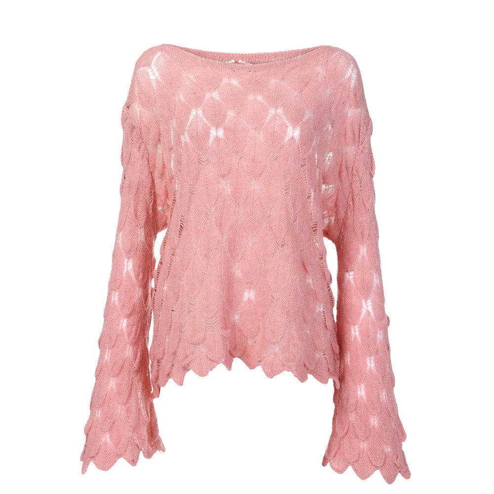 Hot 2026 Autumn Winter New European American Women's Fashion Hollow Loose Knitted Sweater Round Neck Trumpet Sleeve Head Sweater