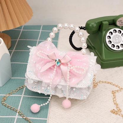 Cute Sequin Bow Kids Mini Square Shoulder Bags Versatile Children Chain Crossbody Bag Lace Girls Pearl Handbags Clutch Purse